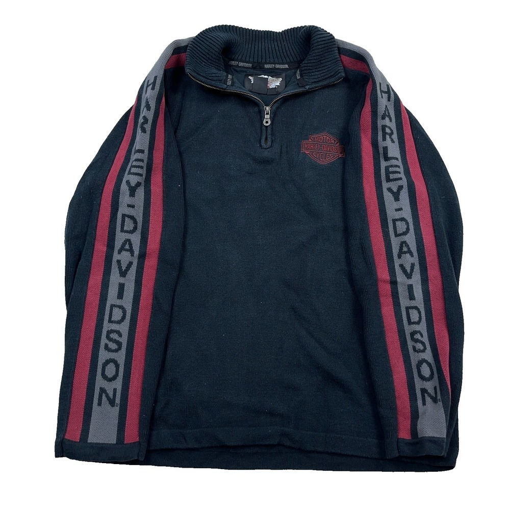 Harley Davidson Sweater‎ Men XL Black Heavy Knit Pullover Quarter Zip Spellout